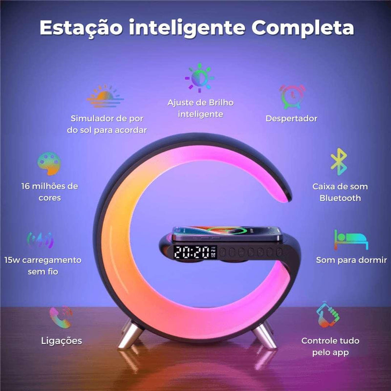 Smart Station - Luminária, Caixa de Som, Carregador Sem Fio e Relógio - SANTANA HOUSE